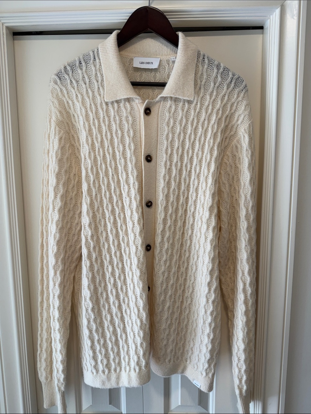 LES DEUX Cream Cable-Knit Polo Cardigan